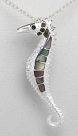 Black Mother of Pearl Seahorse Sterling Silver Necklace 975