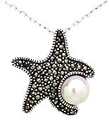 Sterling Silver Starfish with Marcasite & Fresh Water Pearl Necklace 544