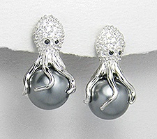 Octopus Sterling Silver Earrings with CZ and Rhodium Plating 394