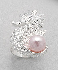 Sterling Silver Seahorse Ring with Pearl - Pink