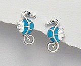 Sterling Silver Seahorse with with Blue Enamel Earrings 292