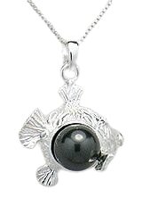 Sterling Silver Fish Necklace with Black Pearl
