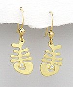 Sterling Silver Fishbone Earrings 825 with CZ and 14k Yellow Gold Plating