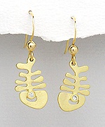 Sterling Silver Fishbone Earrings 825 with CZ and 14k Yellow Gold Plating