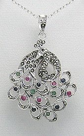 Sterling Silver Peacock Pendant 476 with Gemstones