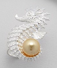 Sterling Silver Seahorse Ring with Pearl - Gold