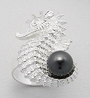 Sterling Silver Seahorse Ring with Pearl - Tahitian