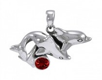 Sterling Silver Couple Dolphin Pendant DP 3926 with Garnet